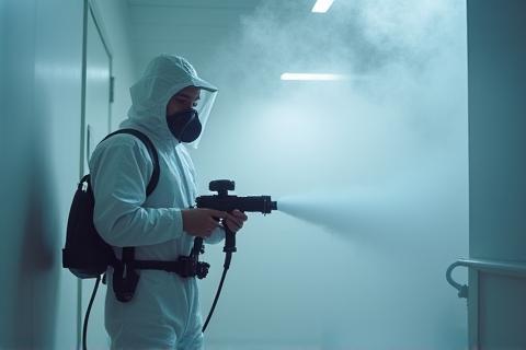 Foto van een technicus in beschermende kleding die elektrostatisch spuiten toepast voor diepte desinfectie